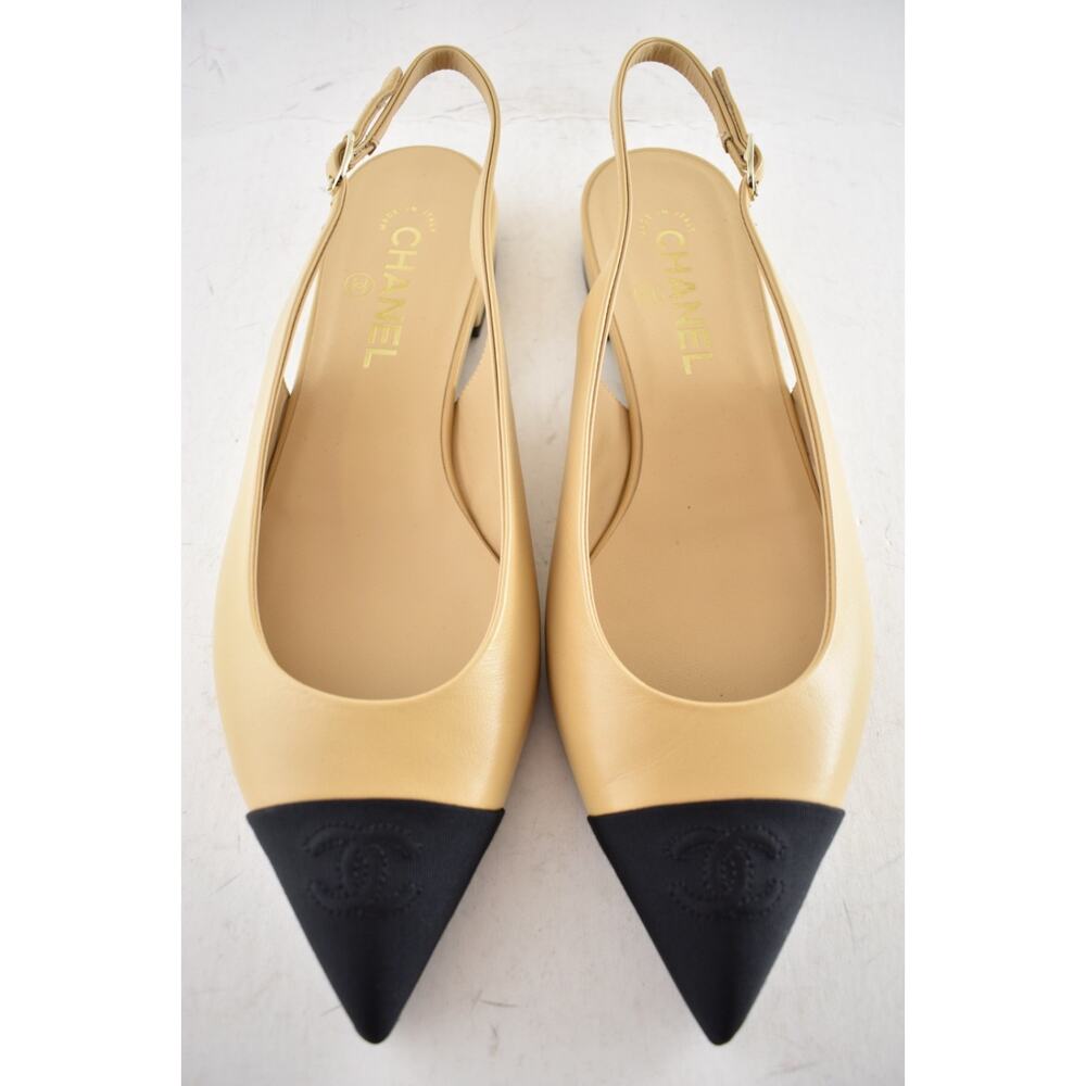 Chanel 24A Beige Leather Black CC Logo Coco Slingback Pointed Ballet Flat 41 - Picture 5 of 16